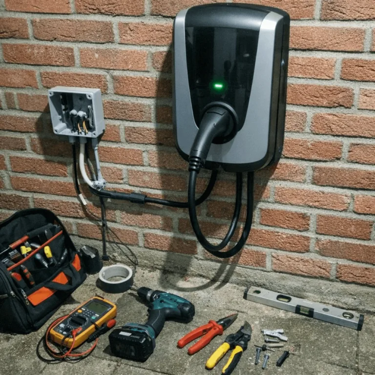 Modernes Messgerät an einer installierten Ladestation in der Garage