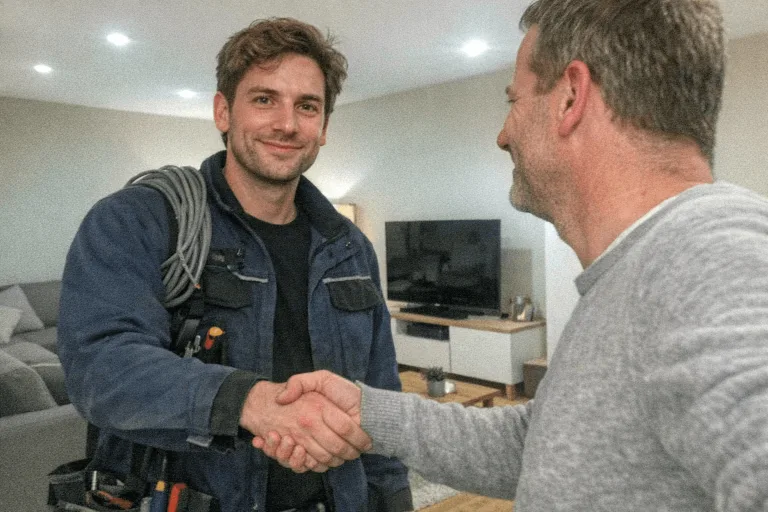 Handwerker und Kunde geben sich nach erfolgreicher Abnahme die Hand