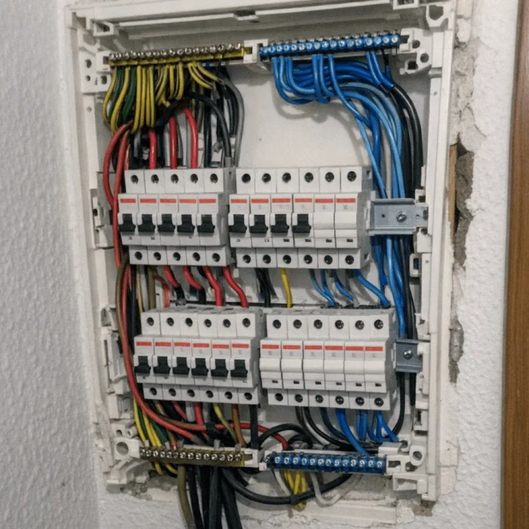 Übersichtlich verdrahteter, offener Hauptverteilerkasten in einem Wohnhaus
