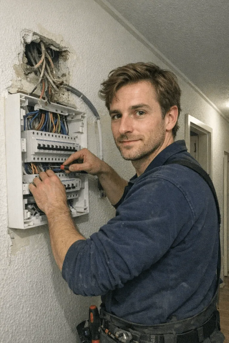 Fachmännischer Monteur bei der Elektroinstallation Sanierung in einem privaten Haushalt