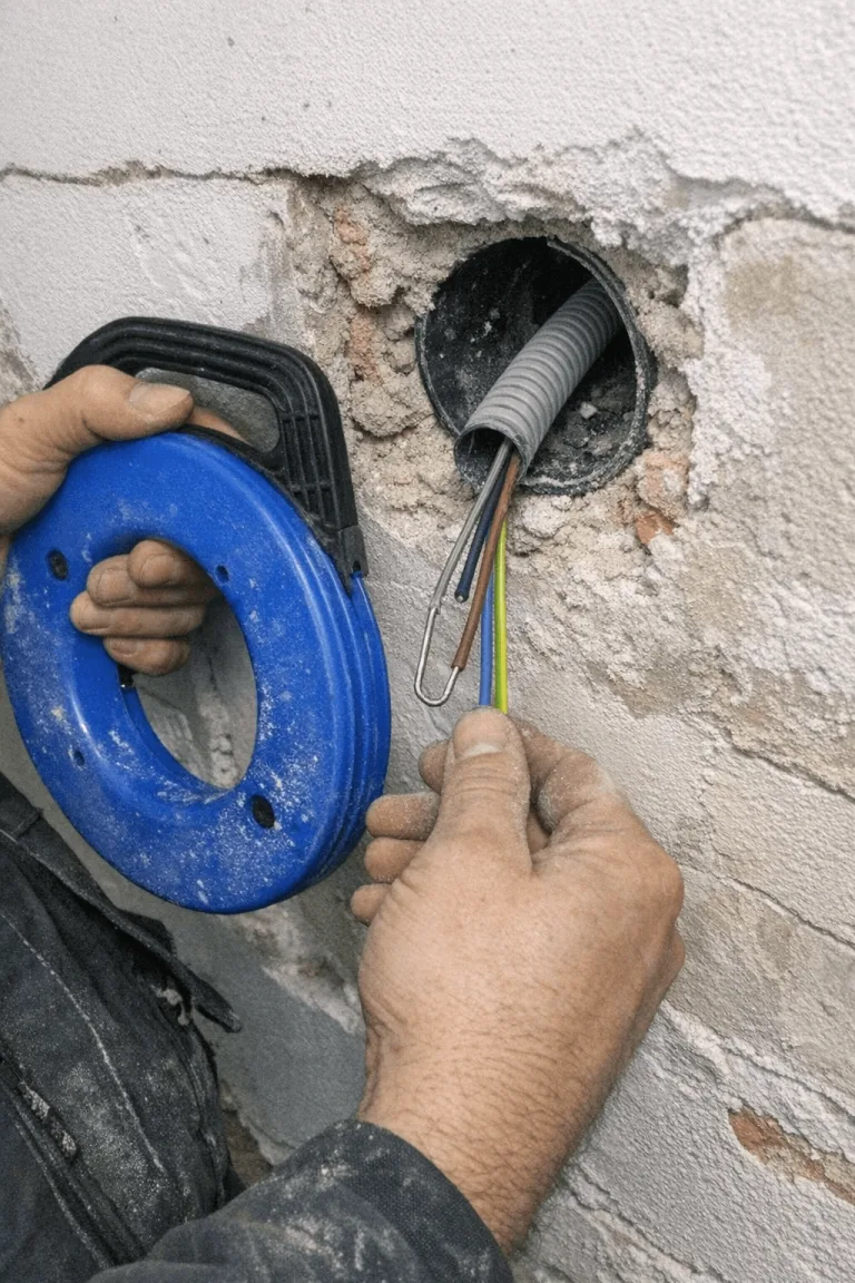 Handwerker zieht mit einer Einzugshilfe frische Kupferkabel in Leerrohre ein
