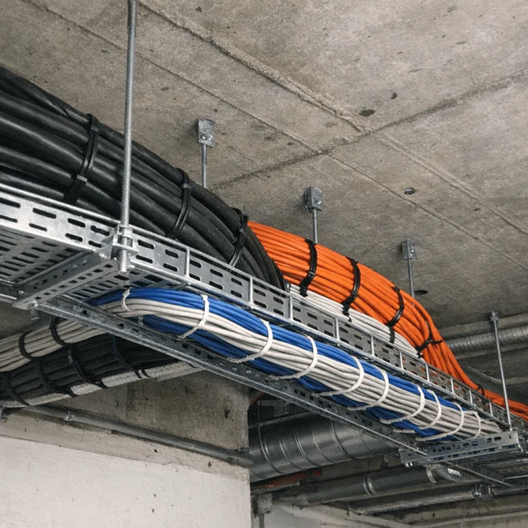 Neu verlegte Datenkabel und Stromkabel gebündelt auf einer Kabelpritsche